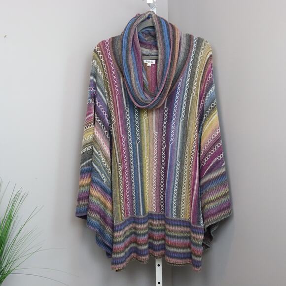 Paris Hues Multicolor Knit Poncho Sweater Women’s Size M Cowl Neck Boho Stripe - Picture 1 of 7